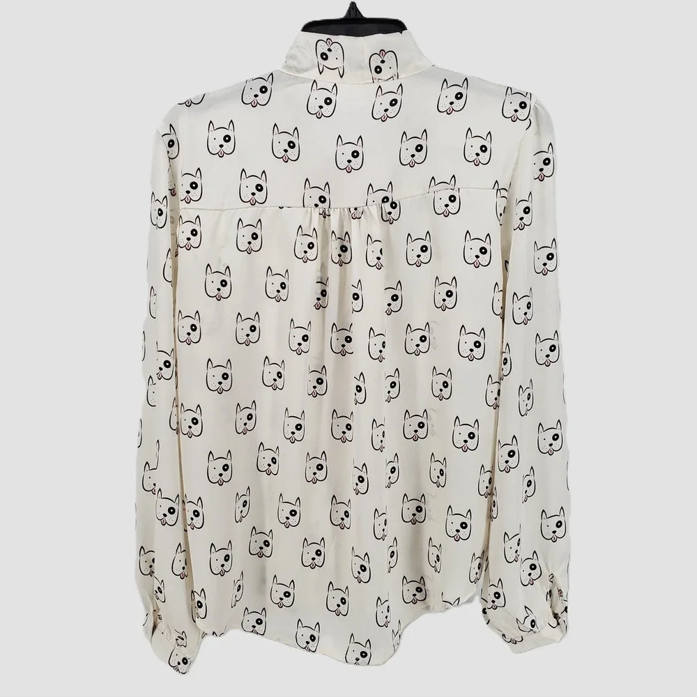 Tulip B Womens XL French Bulldog‎ Dog Print Tie Neck Blouse Cream EBJT248 New